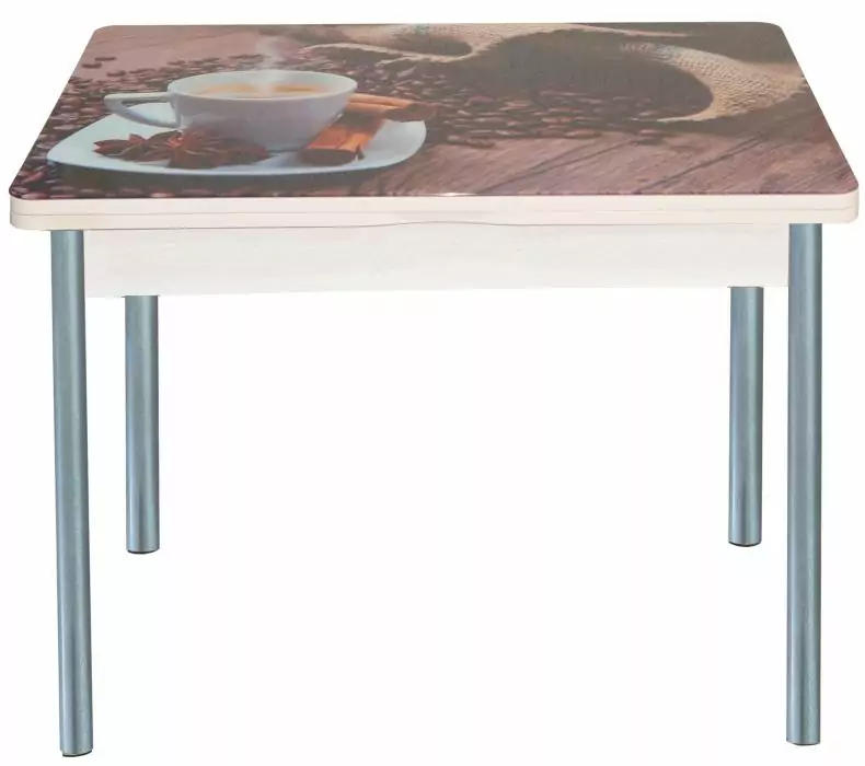 Стол обеденный поворотно-раскладной с фотопечатью Симпл Чашка кофе/Серебристый металлик
