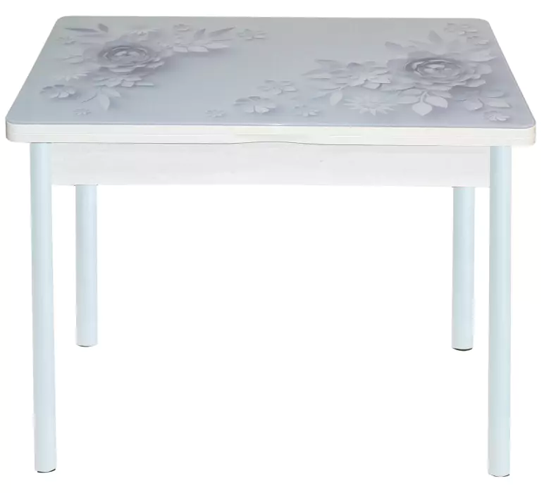 Стол обеденный поворотно-раскладной с фотопечатью Симпл Цветы на сером/Белый муар